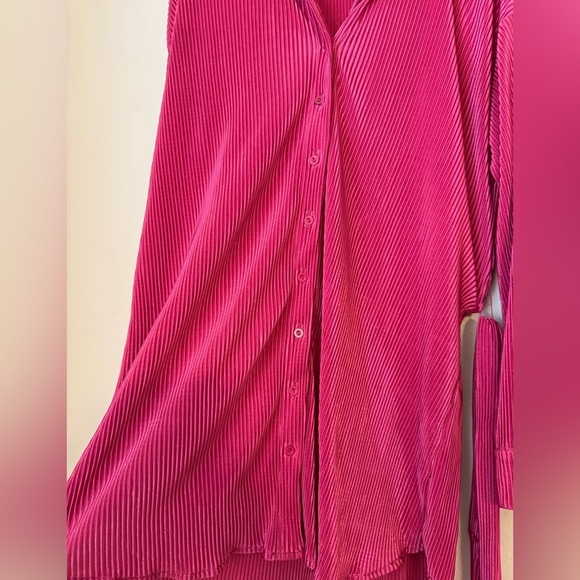 Hot Pink Plisse Button-Up Long Sleeve Belted Shirt Dress, Hot Pink Mini Dress - Picture 5 of 10